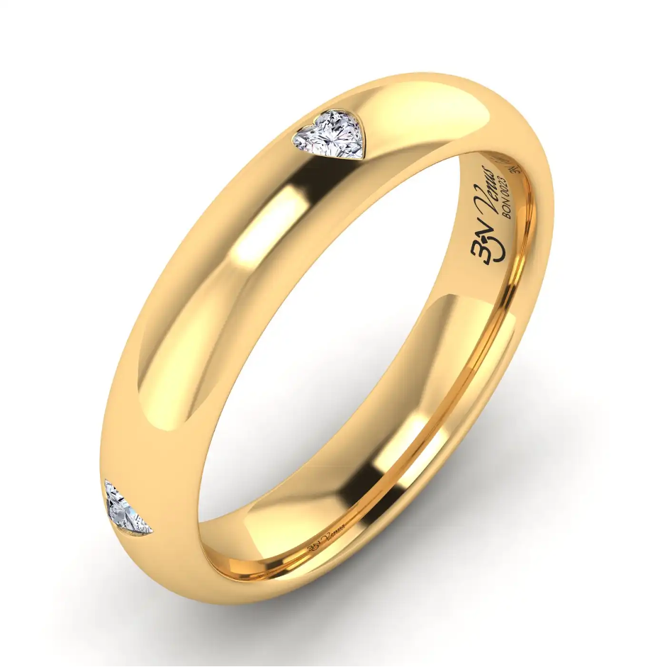 Venus Fede Nuziale con 4 Diamanti a Cuore Lab Grown in oro giallo 18 Kt