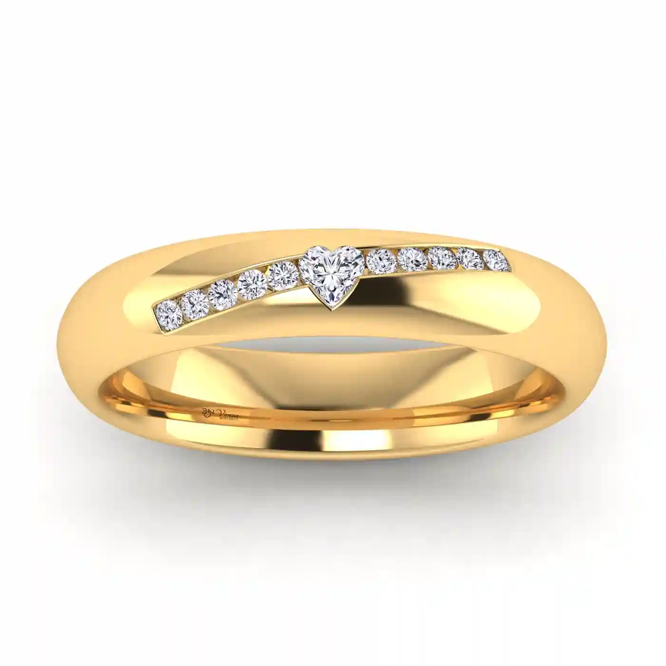 Venus Fede Nuziale in oro giallo 18 Kt con 1 Diamante a Cuore e 10 diamanti Rotondi Lab Grown da 4 mm
