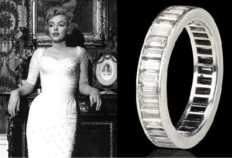 Anello di fidanzamento Eternity in platino di Marilyn Monroe con diamanti taglio baguette